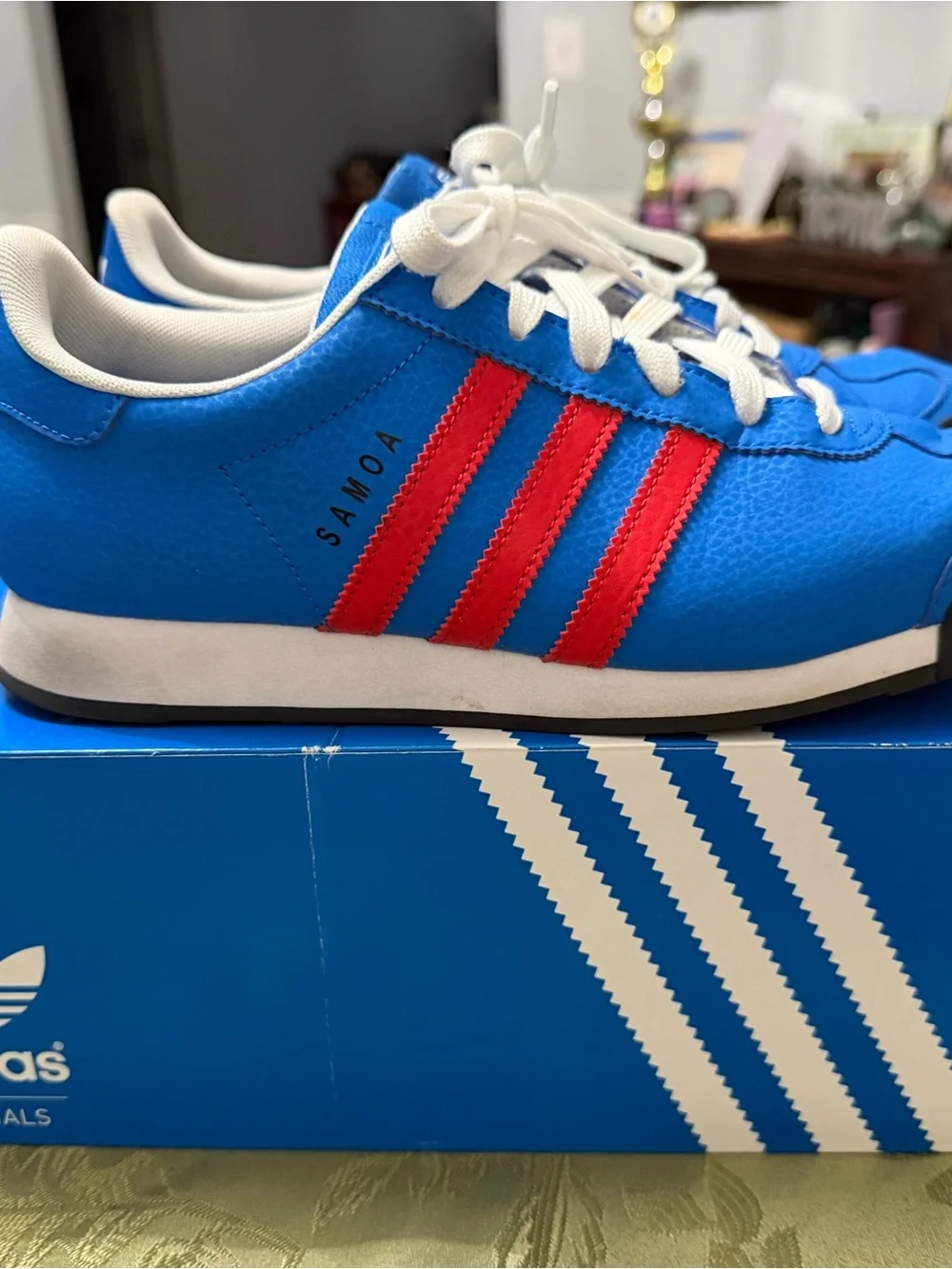 Big Kids Adidas Samoa Blue Sneakers with Red Stripes